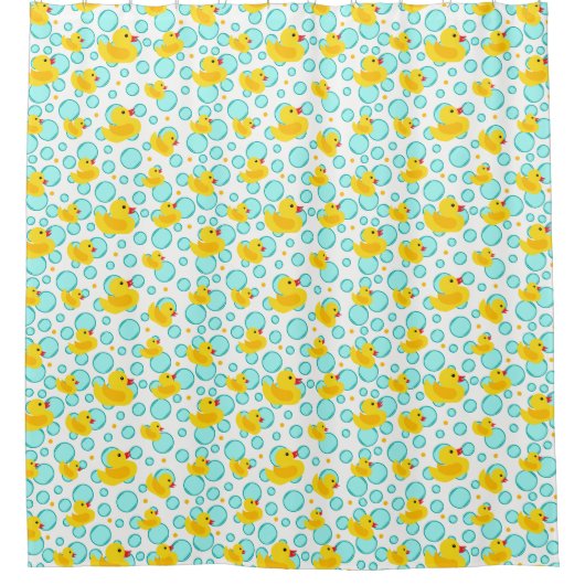 Schattige Geel Rubber Ducky en Bubbels Patroon Douchegordijn (Voorkant)