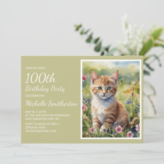 Schattige Geel Sinaasappel Kat Waterverf 100e Verj Kaart (Staand voorkant)