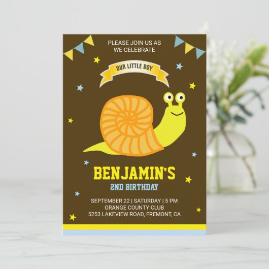Schattige Geel Snail Kids Verjaardagsfeestuitnodig Kaart (Staand voorkant)