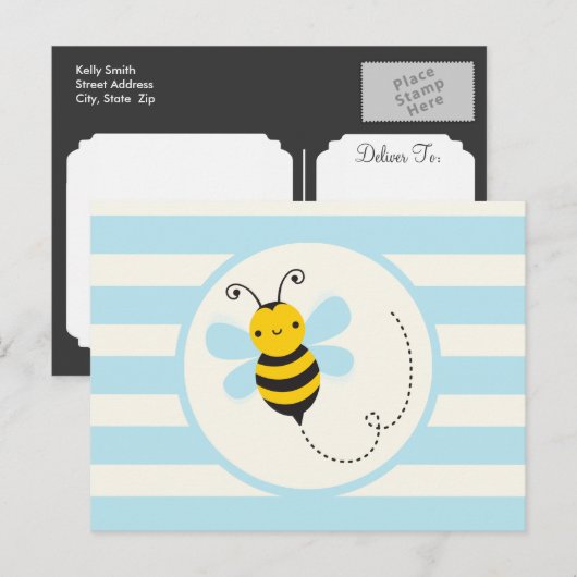 Schattige Geel & Zwart Bijen op Baby Blauwe Strepe Briefkaart (Voorkant / Achterkant)