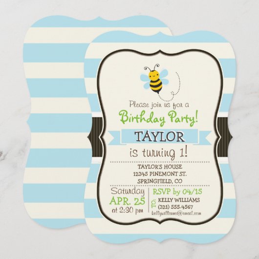 Schattige Geel & Zwart Bijen op Baby Blauwe Strepe Kaart (Voorkant / Achterkant)