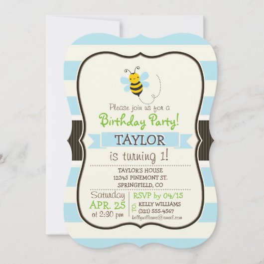Schattige Geel & Zwart Bijen op Baby Blauwe Strepe Kaart (Voorkant)