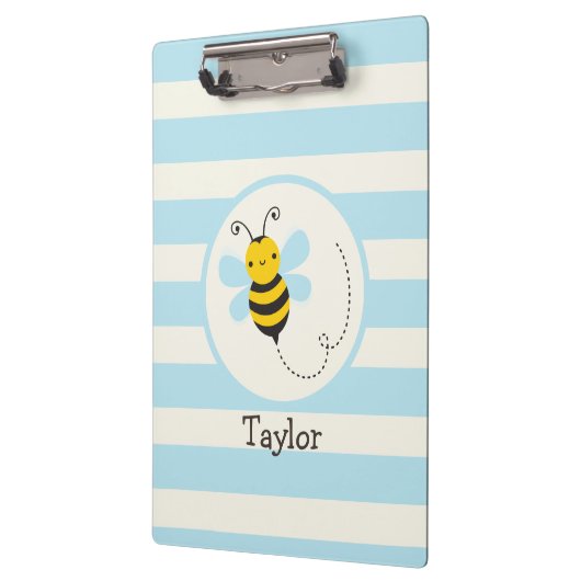 Schattige Geel & Zwart Bijen op Baby Blauwe Strepe Klembord (Links)