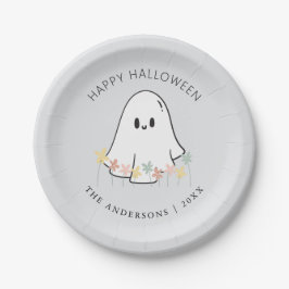 Schattige Geest Bloemrijke Halloween Grijs Papieren Bordje