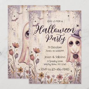 Schattige Geest Halloween Feest Vintage Roze Kaart