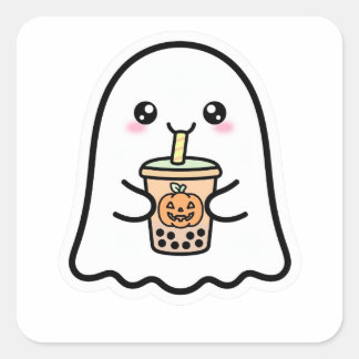 Schattige Geest Halloween Pompoen Boba Vierkante Sticker