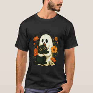 Schattige Geest Knuffelt Zwarte Kat Bloemen Hallow T-shirt