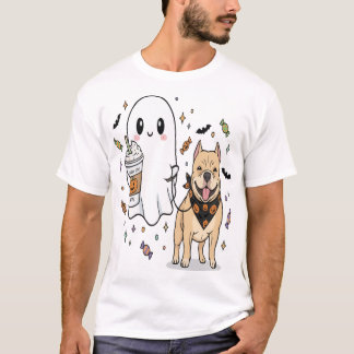 Schattige Geest pitbull Hond Pug Koffie Halloween T-shirt