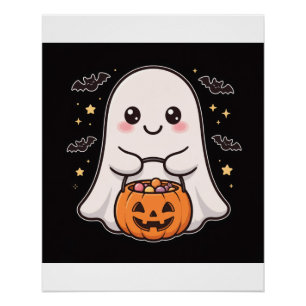 Schattige Geest Pompoen Snoep Emmer Halloween Post Perfect Poster