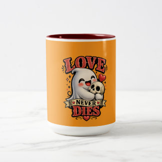 Schattige Geest Schedel Liefde Sterft Nooit Hallow Tweekleurige Koffiemok