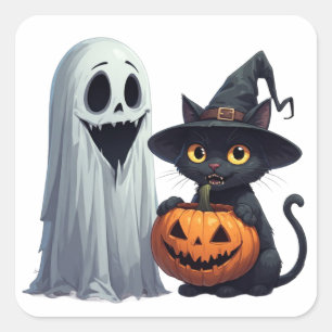 Schattige Geest Zwarte Kat En Pompoen Vergadering Vierkante Sticker