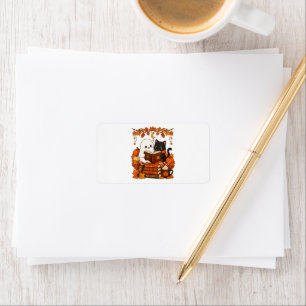 Schattige Geest Zwarte Kat Leest Boek Herfst Etiket