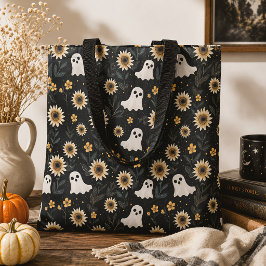Schattige geesten en zonnebloemen griezelige zomer tote bag