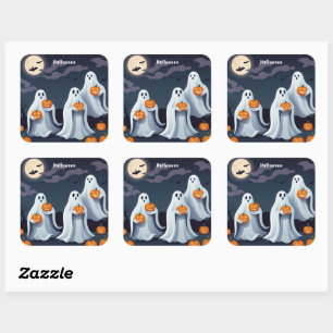 Schattige geesten houden pompoenen onder een volle vierkante sticker