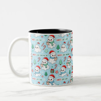 Schattige geesten met kerstmannenhoeden Kerstontwe Tweekleurige Koffiemok