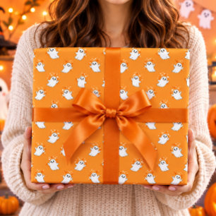 Schattige geesten oranje Halloween-patroon Cadeaupapier