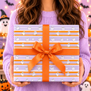 Schattige geesten oranje wit gestreept Halloween Cadeaupapier