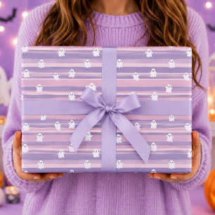 Schattige Geesten Roze Paarse Streep Halloween Cadeaupapier