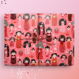Schattige geïllustreerd Japans Kokeshi Pink Cadeaupapier