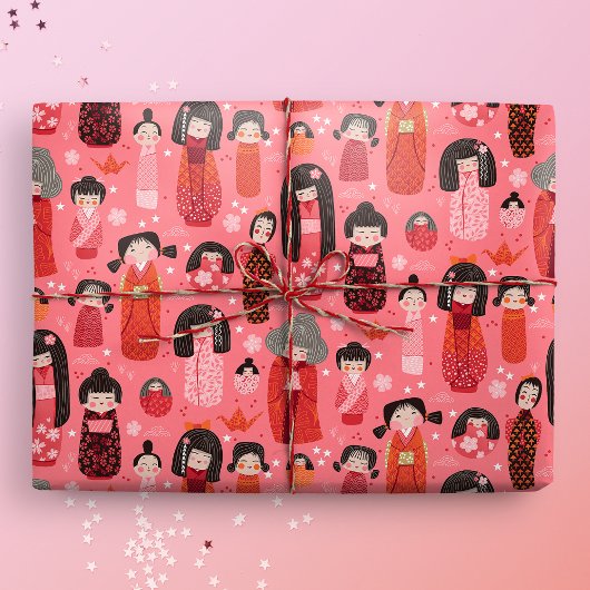 Schattige geïllustreerd Japans Kokeshi Pink Cadeaupapier