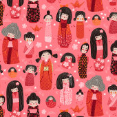 Schattige geïllustreerd Japans Kokeshi Pink Cadeaupapier