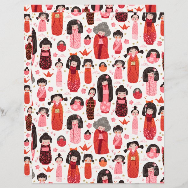 Schattige geïllustreerd Japans Kokeshi plakboek pa (Voorkant / Achterkant)