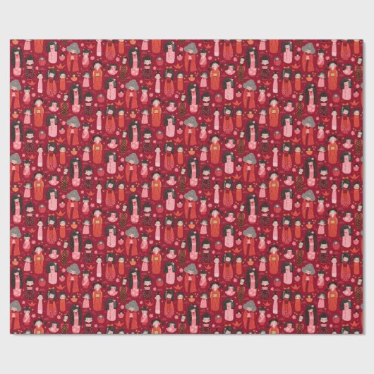 Schattige geïllustreerd Japans Kokeshi rood Cadeaupapier (Vlak)