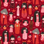 Schattige geïllustreerd Japans Kokeshi rood Cadeaupapier