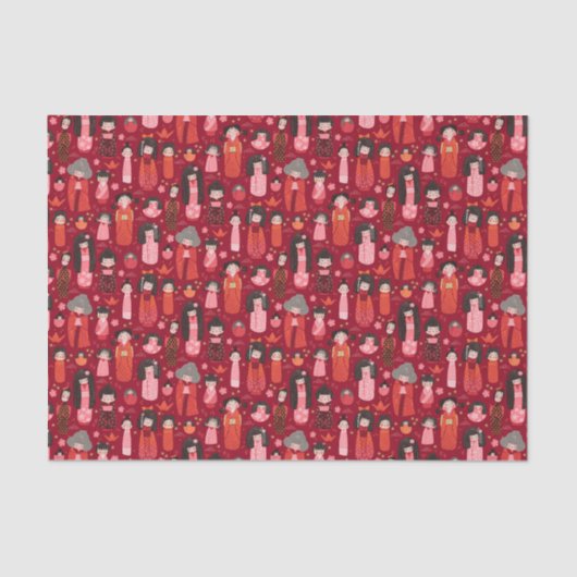 Schattige geïllustreerd Japans Kokeshi rood Tissuepapier (Voorkant)