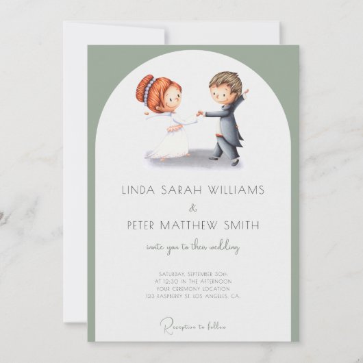 Schattige geïllustreerd Sage Groene Boog Bruiloft Kaart (Voorkant)