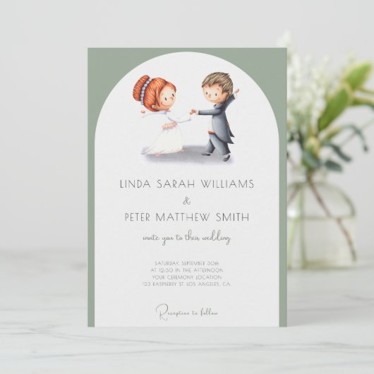 Schattige geïllustreerd Sage Groene Boog Bruiloft Kaart (Staand voorkant)