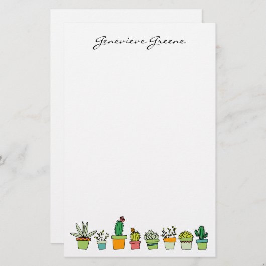 Schattige geïllustreerd succulent monogram briefpa briefpapier (Voorkant / Achterkant)