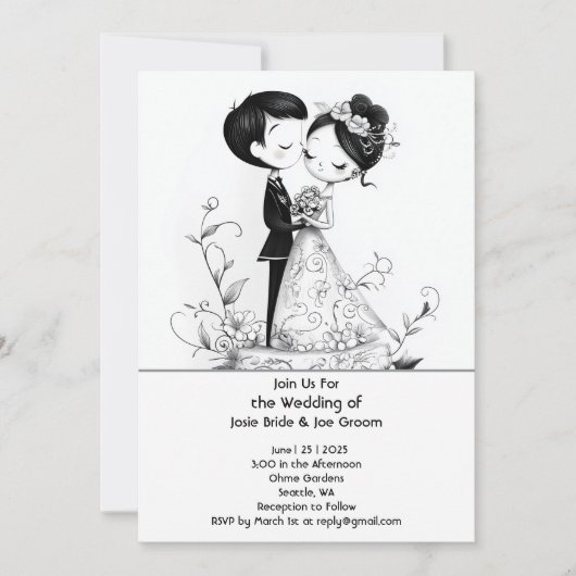 Schattige geïllustreerde bruiloftsuitnodiging voor kaart (Voorkant)