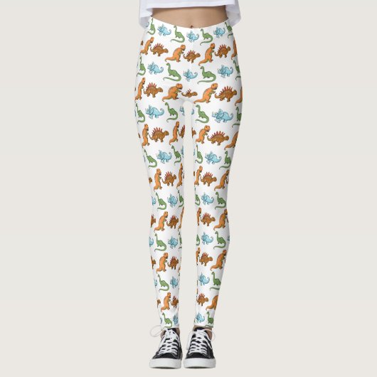 Schattige geïllustreerde dinosauriërs op witte pat leggings (Voorkant)