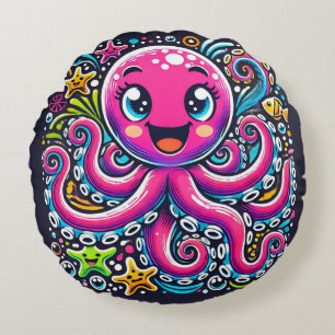 Schattige geïllustreerde octopus met kleurrijke vi rond kussen