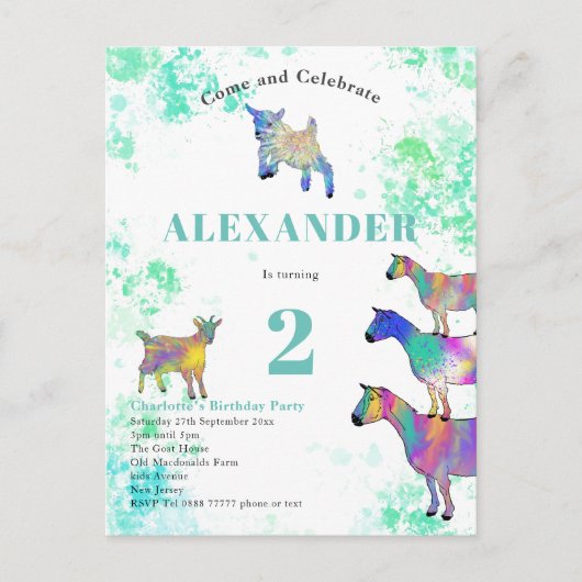 Schattige Geit Boerderij Animal Art 2e Verjaardags Uitnodiging Briefkaart (Voorkant)