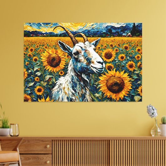 Schattige geit in een zonnebloemveld canvas afdruk (Insitu (Woonkamer))