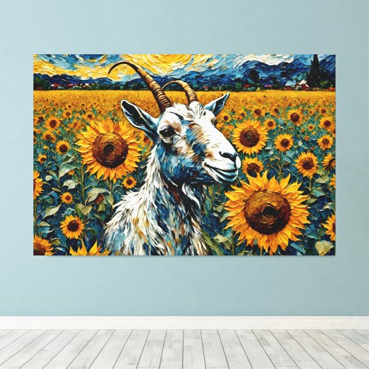 Schattige geit in een zonnebloemveld canvas afdruk (Insitu (Houten vloer))