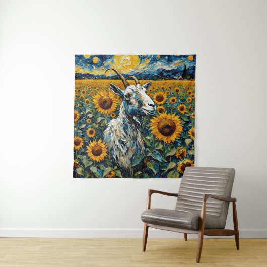 Schattige geit in een zonnebloemveld wandkleed (In situ)