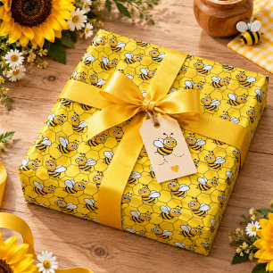 Schattige Gele Bij & Zonnebloem 1e Bij-Verjaardag Cadeaupapier