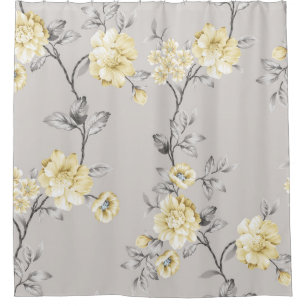 schattige gele bloemen met grijze bladeren op gr douchegordijn