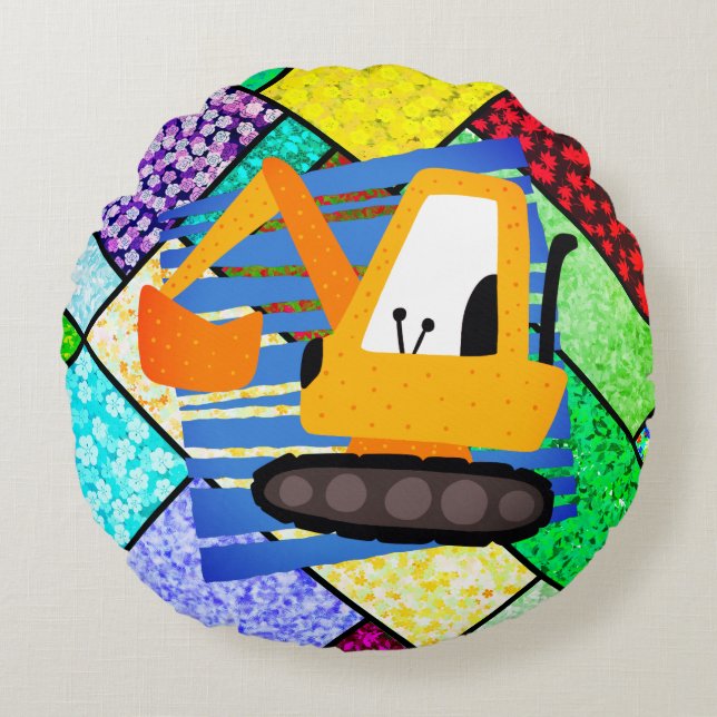 Schattige Gele Graafmachine Machines Rond Kussen (Voorkant)
