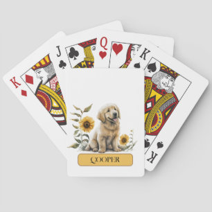 Schattige gele labradorpuppy met zonnebloemen, per pokerkaarten