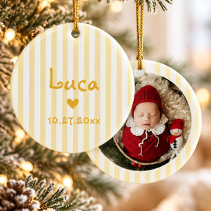 Schattige Gele Streep Baby Foto Eerste Kerstmis Keramisch Ornament