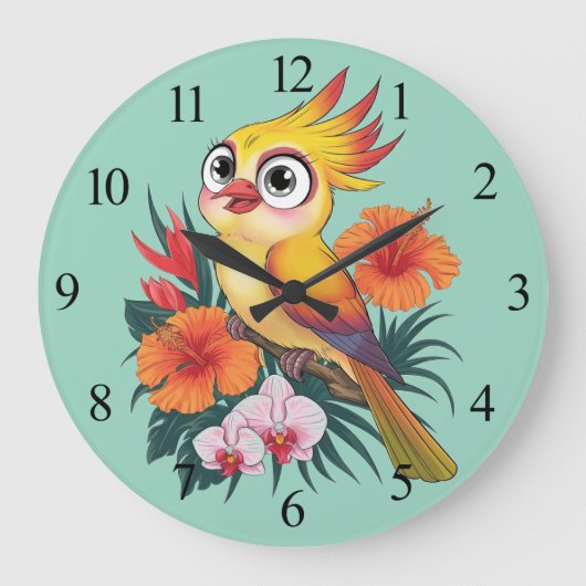 Schattige gele vogeltjes met bloemen grote klok (Voorkant)