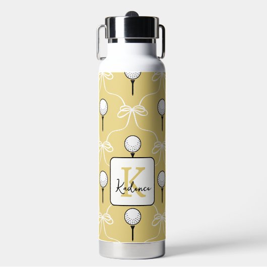 Schattige Gele Witte Strik Golf Patroon Monogram  Waterfles (Voorkant)