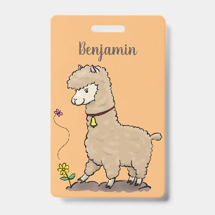 Schattige gelukkige alpaca met vlinder cartoon badge