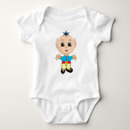 Schattige gelukkige baby elf in blauwe en gele kle romper
