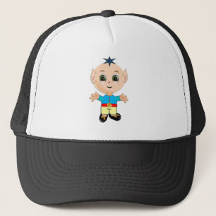 Schattige gelukkige baby elf in blauwe en gele kle trucker pet