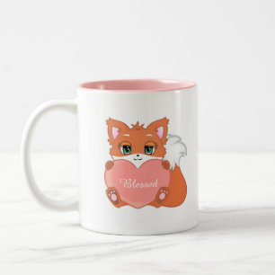 Schattige gelukkige babyvos met roze hart tweekleurige koffiemok